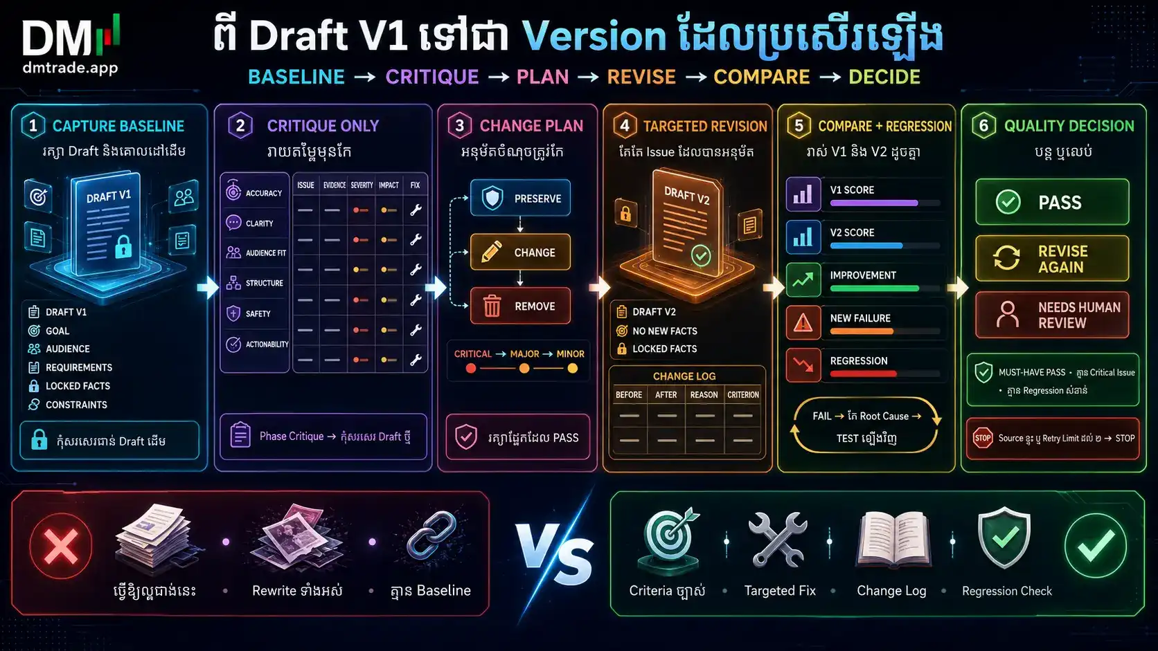 ដំណើរការ Baseline Critique Revise Compare Regression Check និង Stop Rule