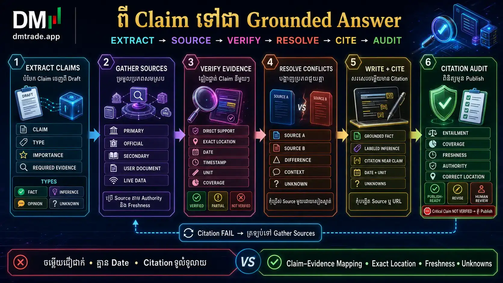 ដំណើរការ Extract Claims Gather Sources Verify Resolve Conflicts Cite និង Audit