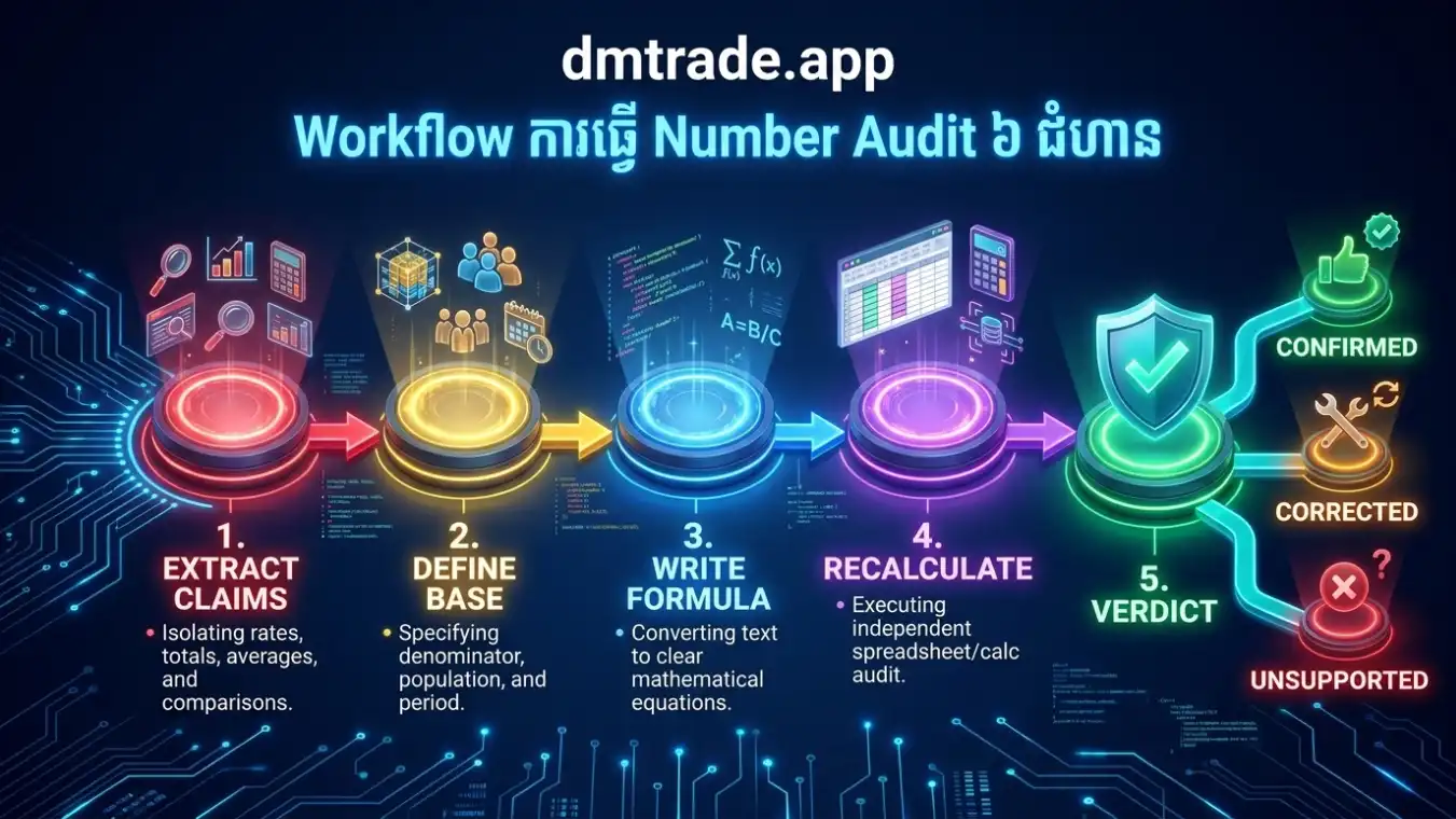 Workflow ៦ ជំហាន៖ ដកលេខ កំណត់ឯកតា សរសេររូបមន្ត គណនាឡើងវិញ ធ្វើ Sanity Check និងផ្គូផ្គងប្រភព