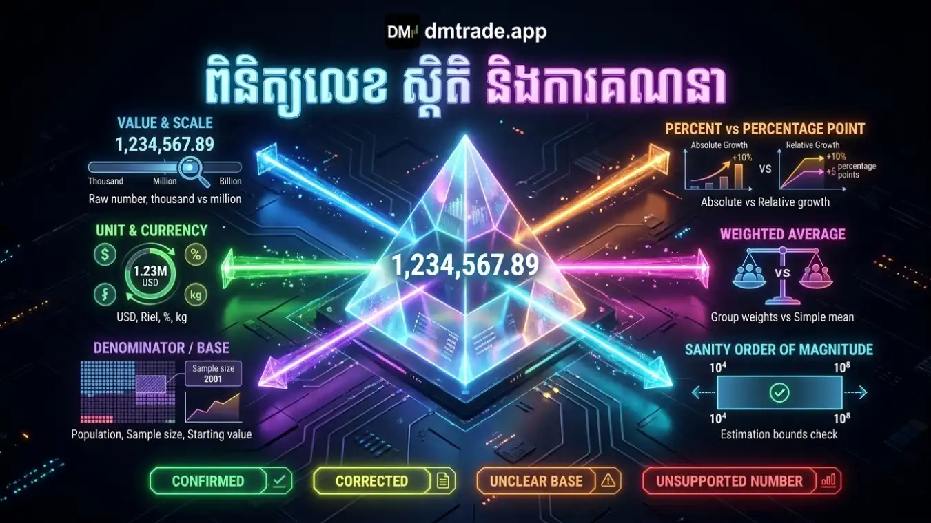 Number Audit ៦ ចំណុច៖ ឯកតា Base ឬ Denominator ភាគរយ និង Percentage Point Rounding Average ឬ Total និង Range ឬ Magnitude