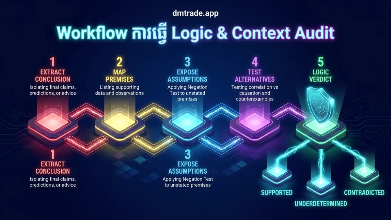 Workflow ៦ ជំហាន៖ ដក Conclusion រាយ Premises បង្ហាញ Assumption សួរ Context សាក Alternative និងកំណត់ Verdict