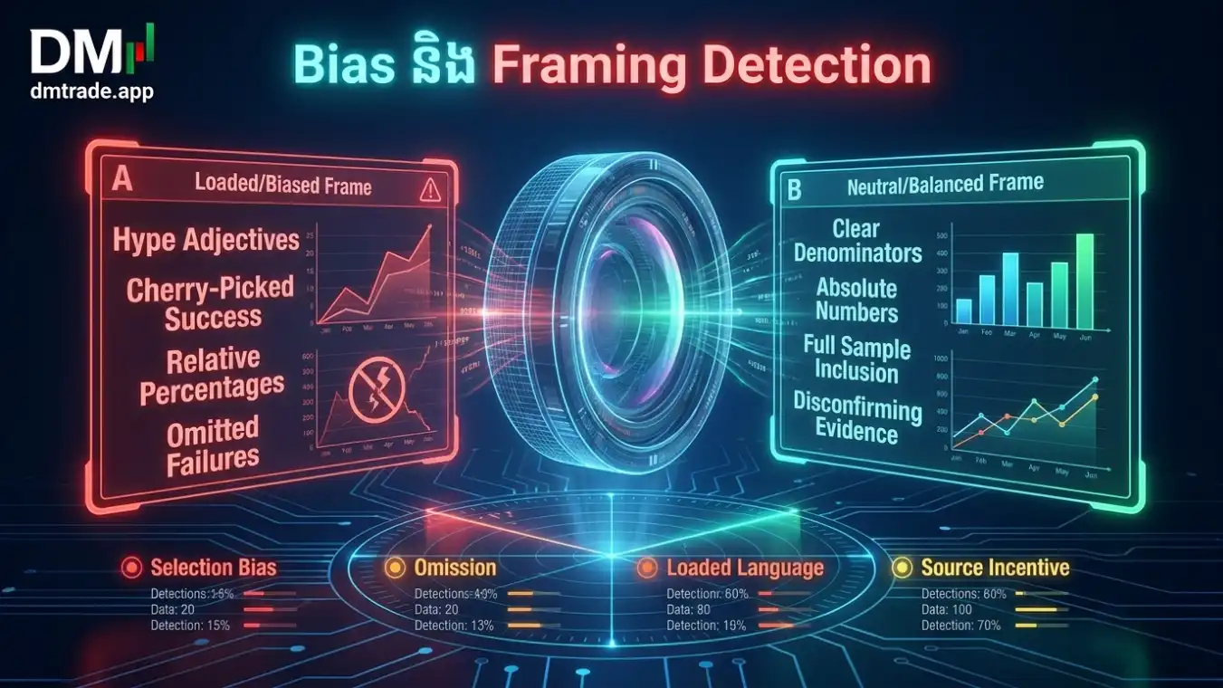 Bias Radar បង្ហាញ Selection Bias Confirmation Bias Loaded Language Omission Baseline Framing និង Source Incentive