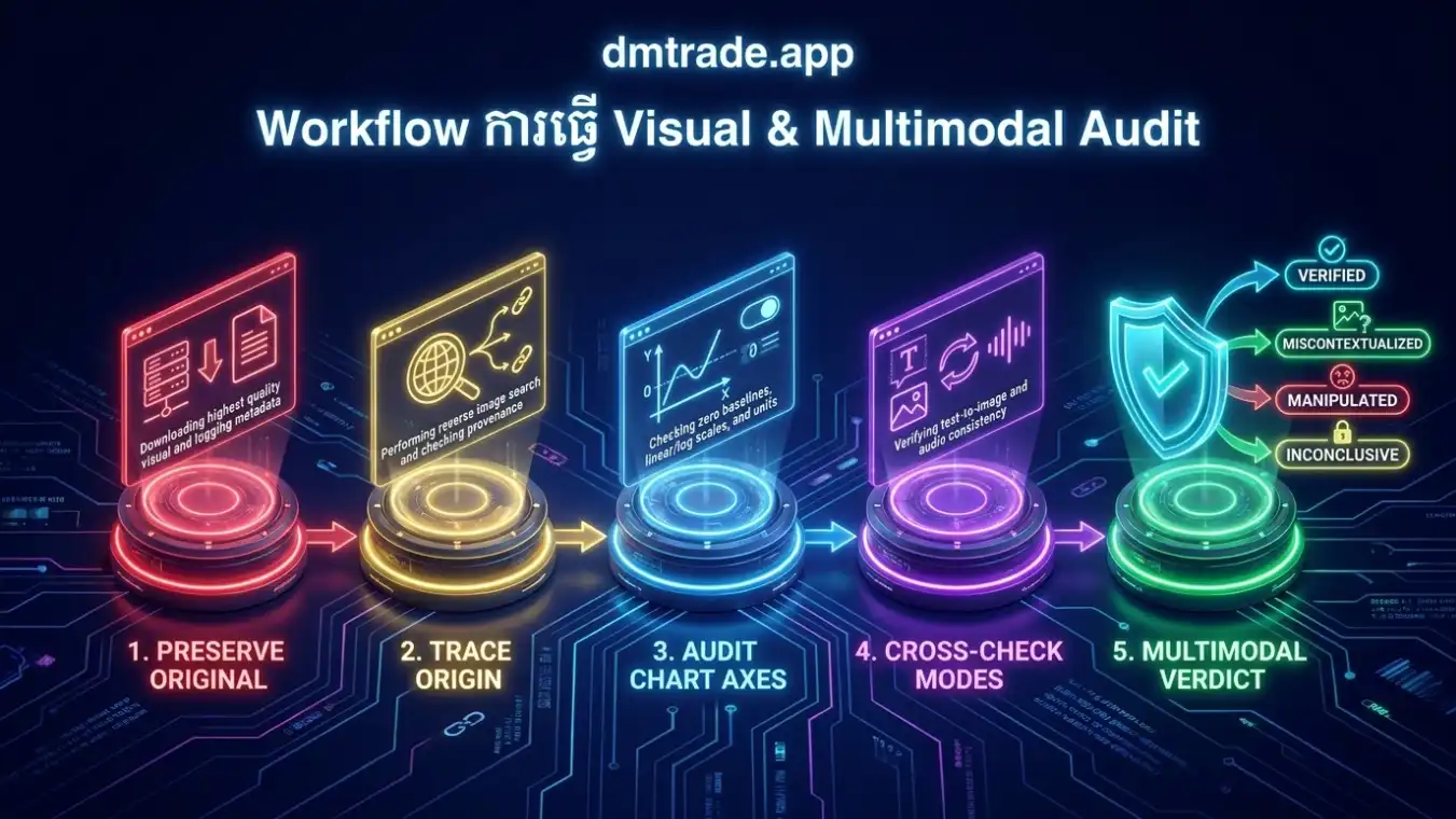 Workflow Visual Verification ៦ ជំហាន៖ រក្សារូបដើម រកប្រភព ពិនិត្យរូបកាត់ ពិនិត្យក្រាហ្វ ផ្ទៀងផ្ទាត់ និងកត់លទ្ធផល