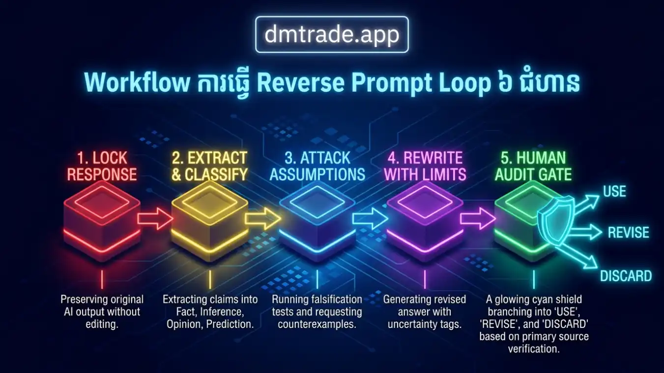 Workflow Reverse Prompt Loop ៦ ជំហាន៖ រក្សាចម្លើយដើម បំបែក Claim វាយ Assumption រកភស្តុតាងផ្ទុយ កែជាមួយ Uncertainty និងមនុស្សផ្ទៀងផ្ទាត់