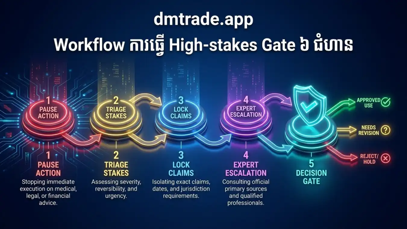 Workflow High-stakes Gate ៦ ជំហាន៖ ផ្អាក កំណត់ហានិភ័យ ចាក់សោ Claim បើកប្រភពផ្លូវការ ពិគ្រោះអ្នកជំនាញ និងកត់ត្រា