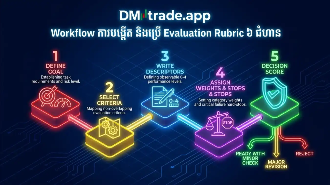Workflow បង្កើត Rubric ៦ ជំហាន៖ Goal Criteria Levels Weight Calibration និងDecision