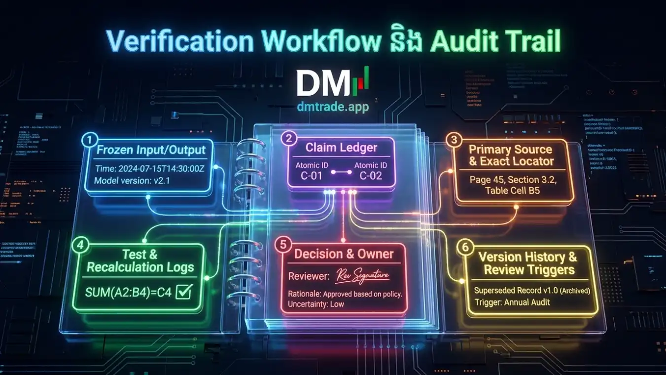 Audit Trail មាន Exact Claim ប្រភព Locator កាលបរិច្ឆេទ Version Test Decision Owner និងArchive