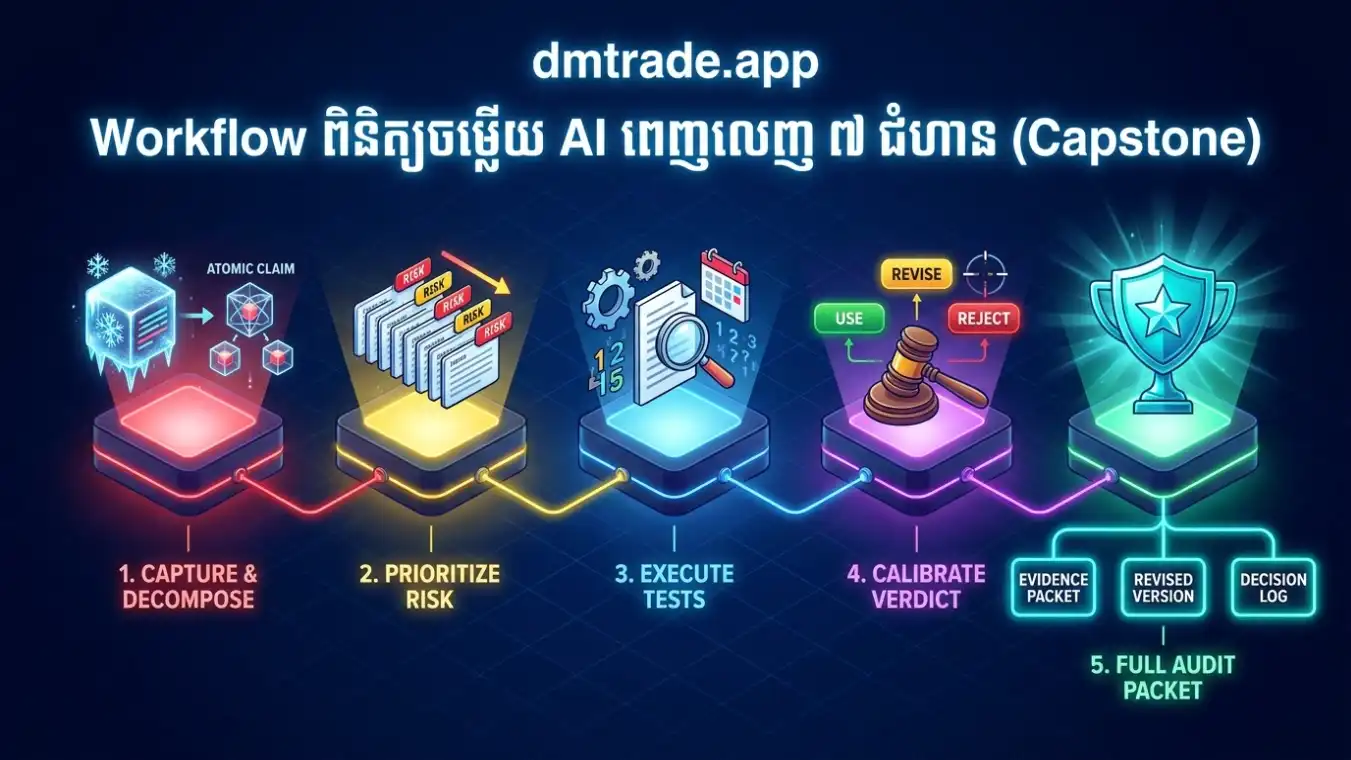 Capstone AI Truth Lab Workflow ៧ ជំហាន Capture Case Split Claims Prioritize Risk Find Sources Test Evidence Decide Verdict និងRecord Audit
