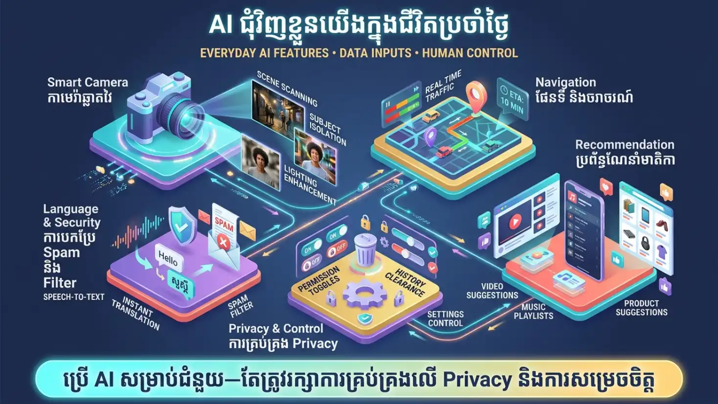 Infographic កាមេរ៉ា ផែនទី បកប្រែ Spam និងការណែនាំមាតិកា