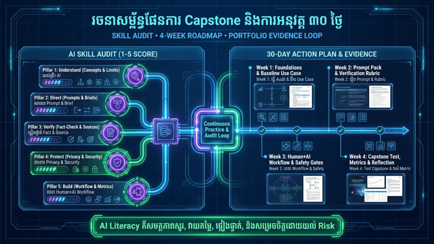 Diagram Week 1 Foundations Week 2 Prompt Verify Week 3 Workflow Safetyនិង Week 4 Capstone