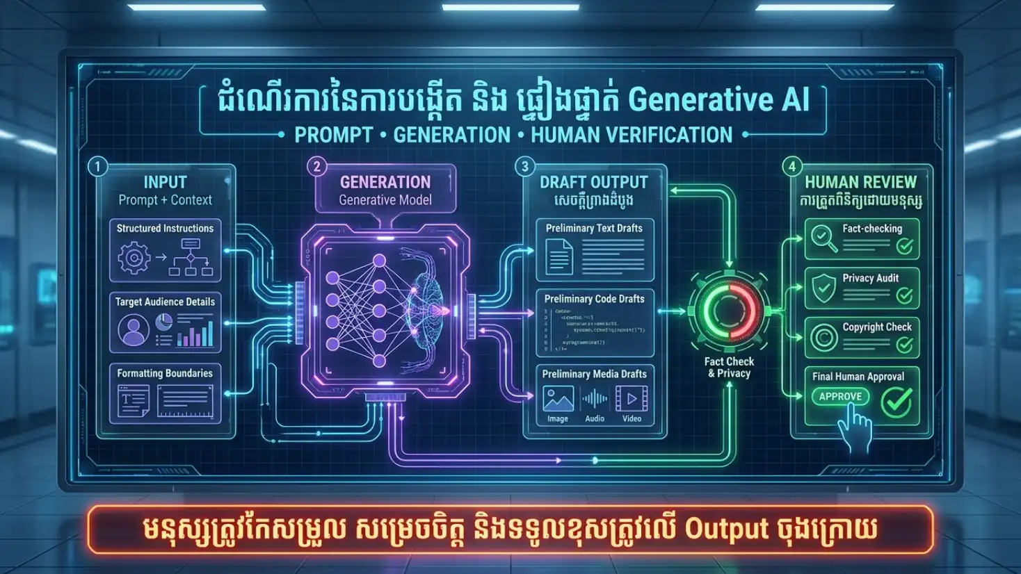 Diagram បង្ហាញ Prompt → Generative Model → Output → Human Review